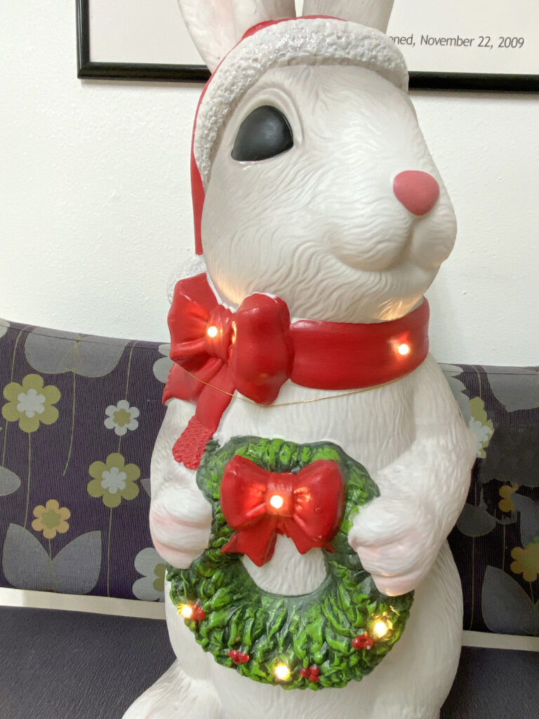 Holiday rabbit decoration with lights on