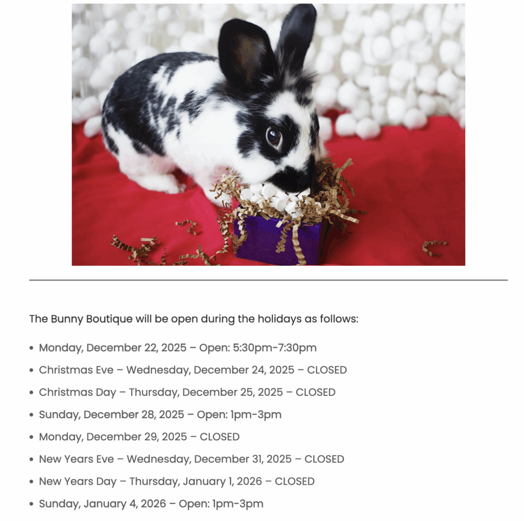 2025 Holiday Hours for Bunny Boutique